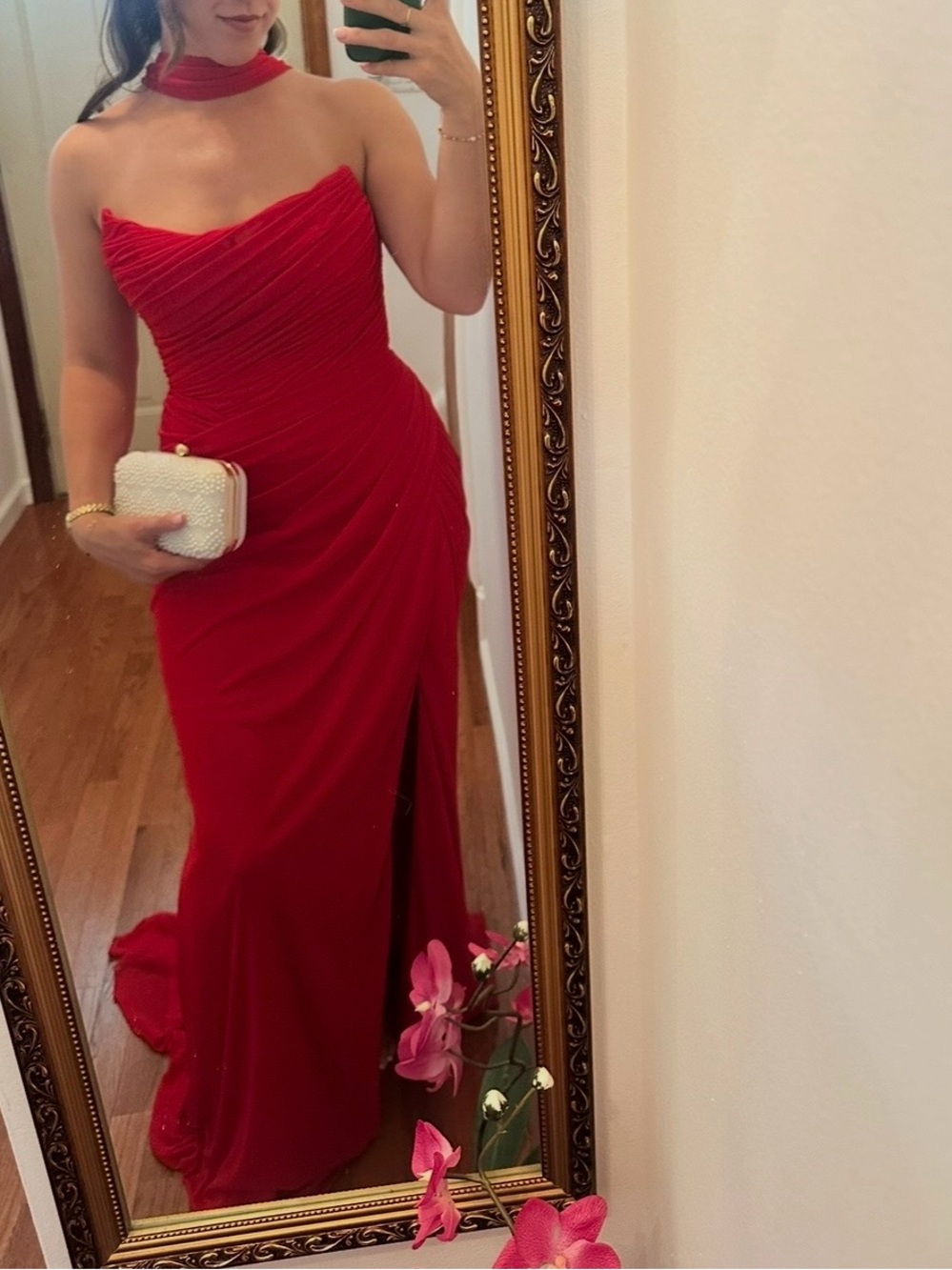 Strapless Red Prom Gown with Matching Neck Choker